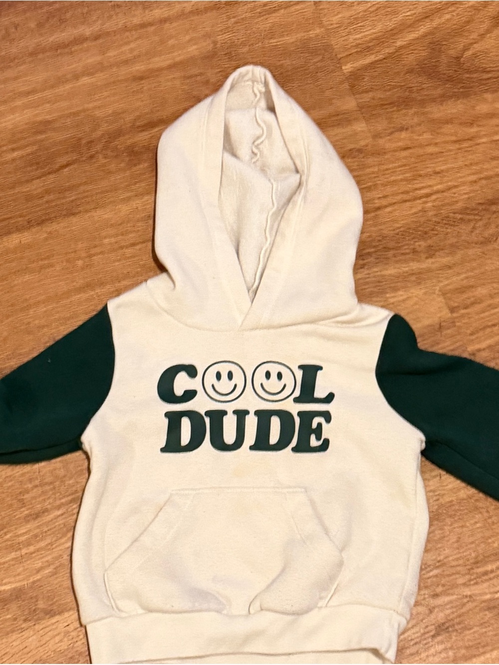 okie dokie Cream Hoodie with Green Sleeves - "Cool Dude" Graphic